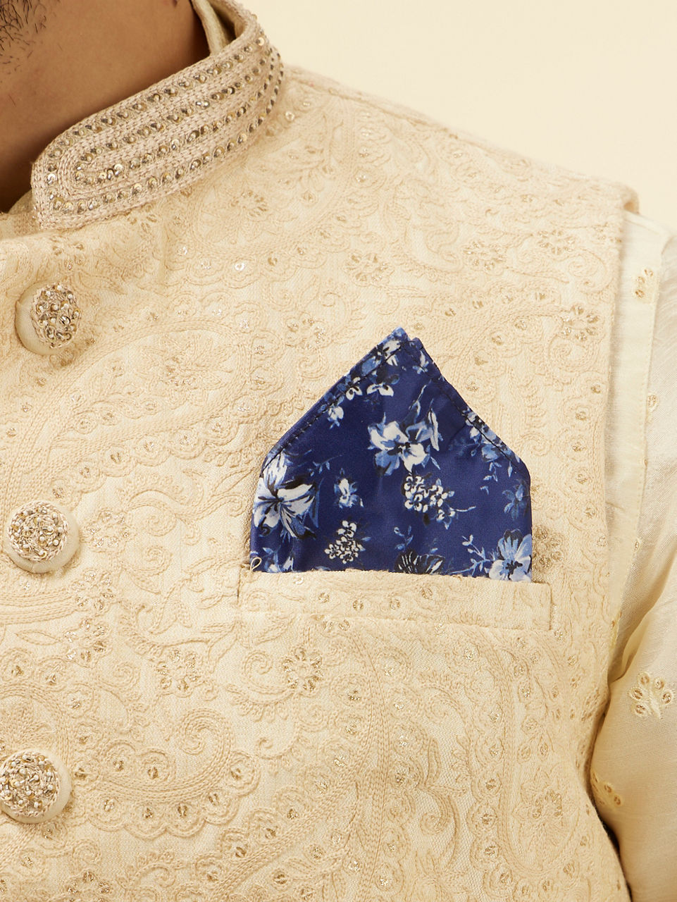 Manyavar Men Royal Blue Floral Printed Pocket Square