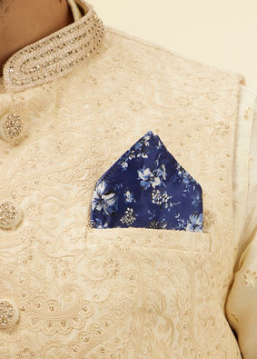 Manyavar Men Royal Blue Floral Printed Pocket Square