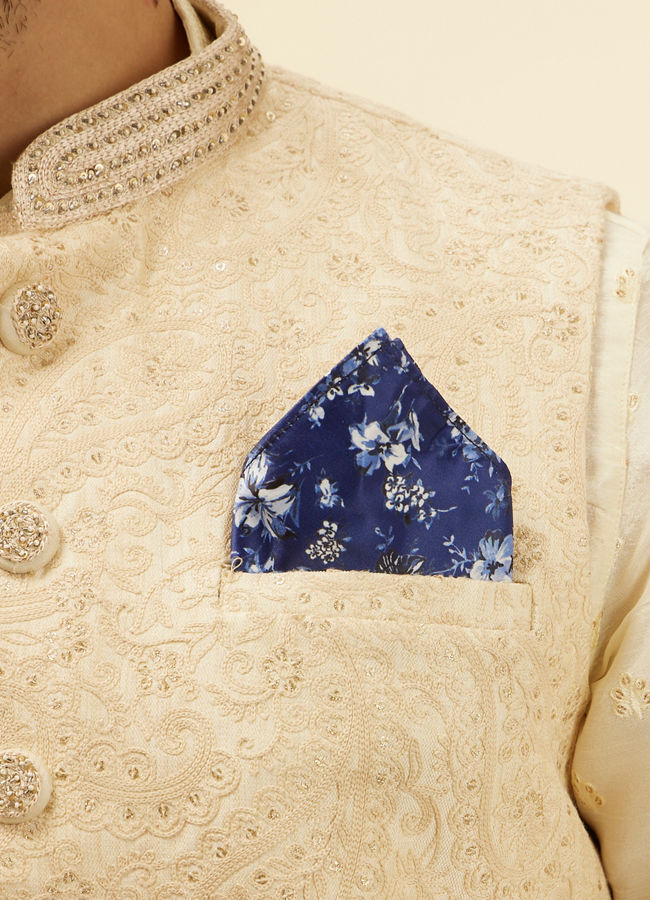 Manyavar Men Royal Blue Floral Printed Pocket Square