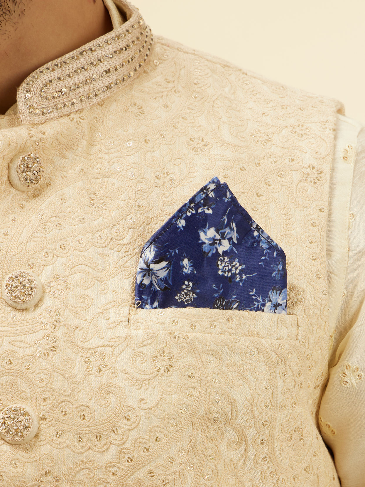Manyavar Men Royal Blue Floral Printed Pocket Square