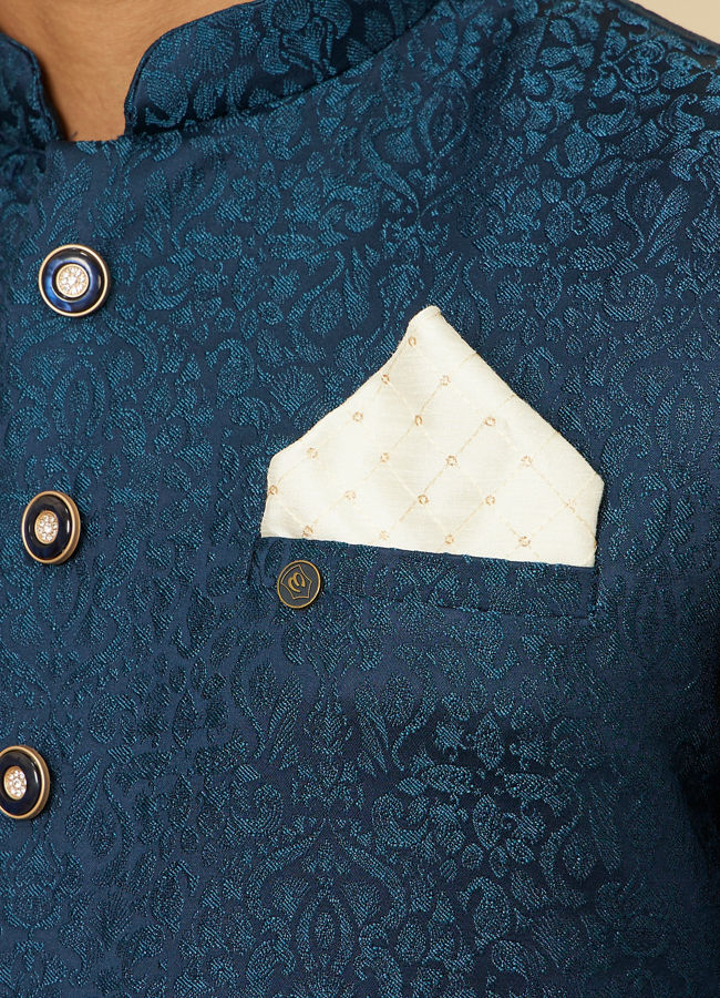 Manyavar Men Warm White Grid Patterned Pocket Square image number 0