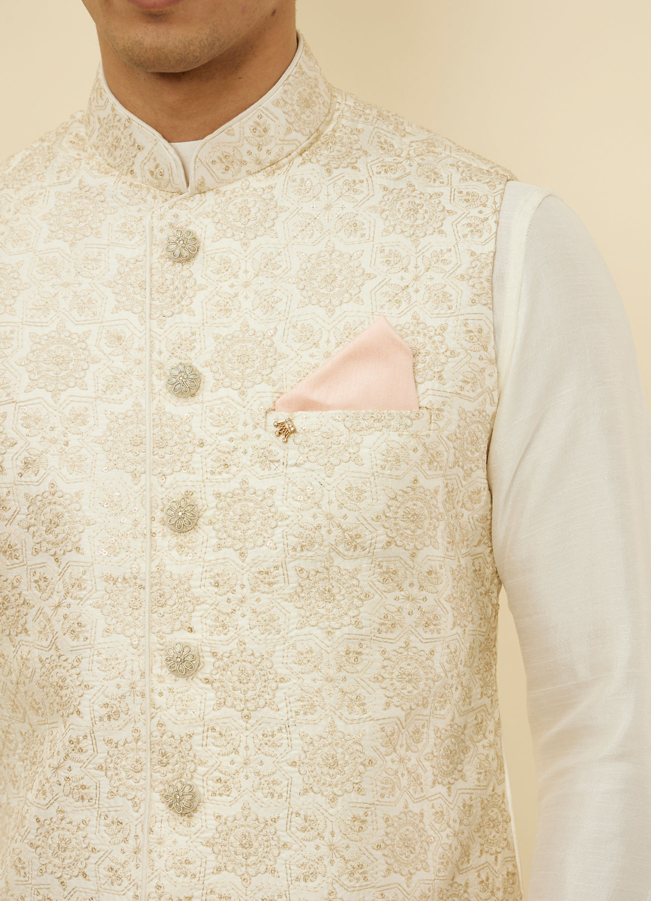 Manyavar Men Peach Pink Textured Pocket Square