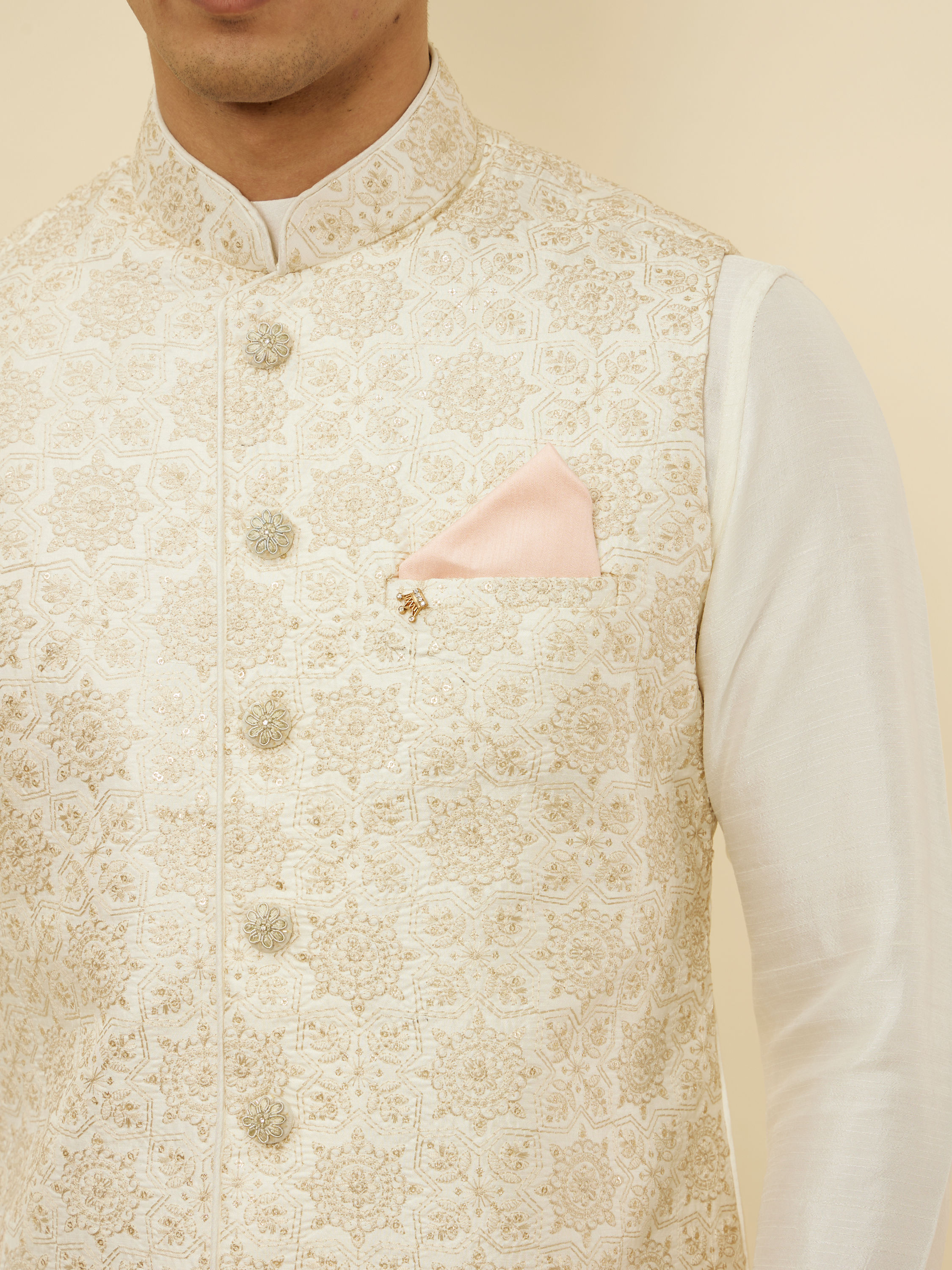 Manyavar Men Peach Pink Textured Pocket Square