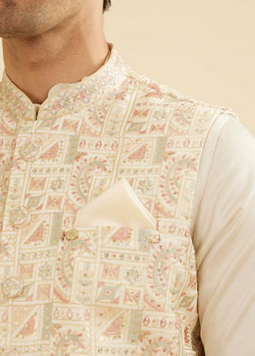 Manyavar Men Cream Satin Grace Pocket Square