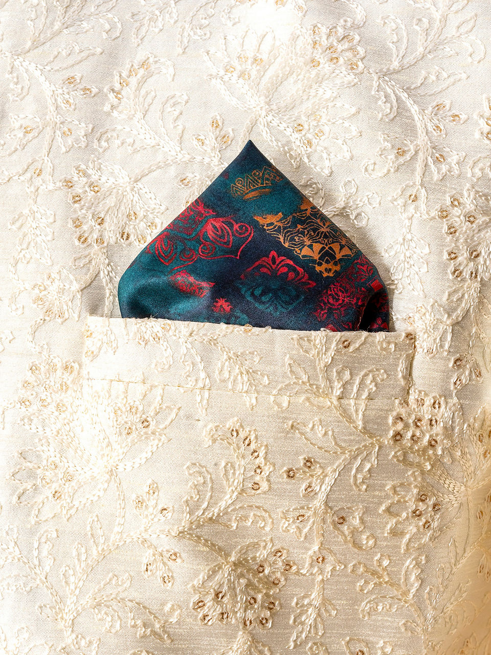 Manyavar Men Teal Green Satin Pocket Square