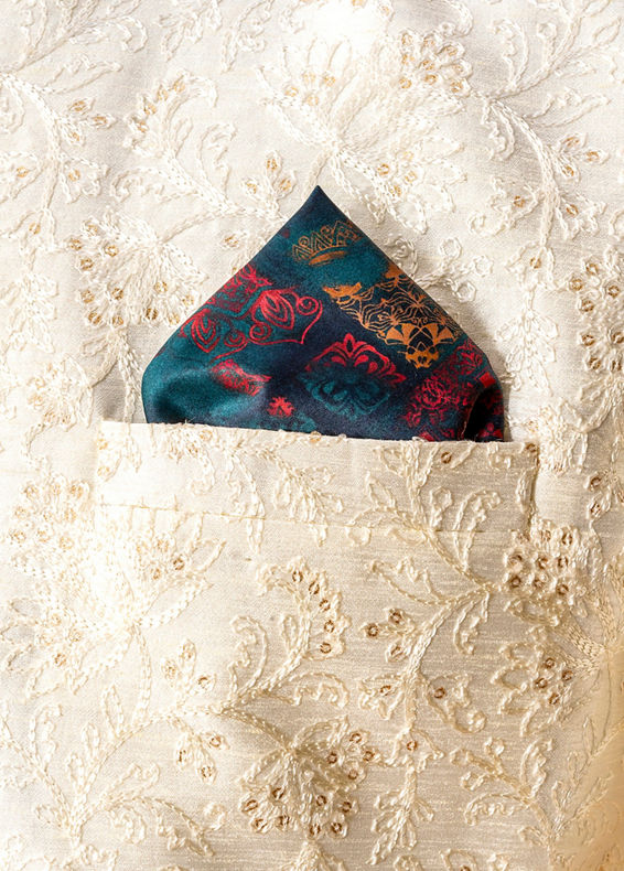 Manyavar Men Teal Green Satin Pocket Square