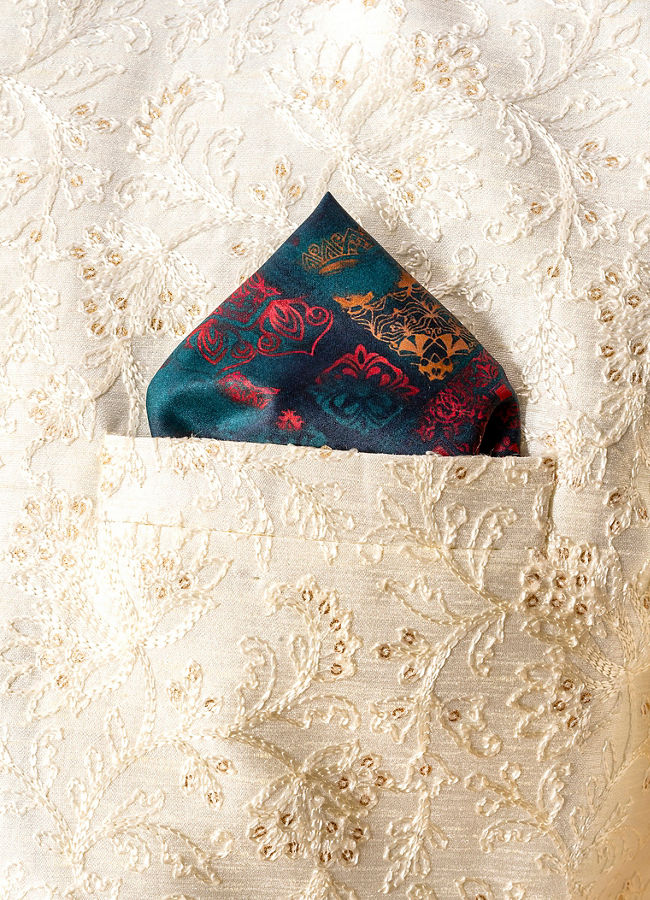 Manyavar Men Teal Green Satin Pocket Square