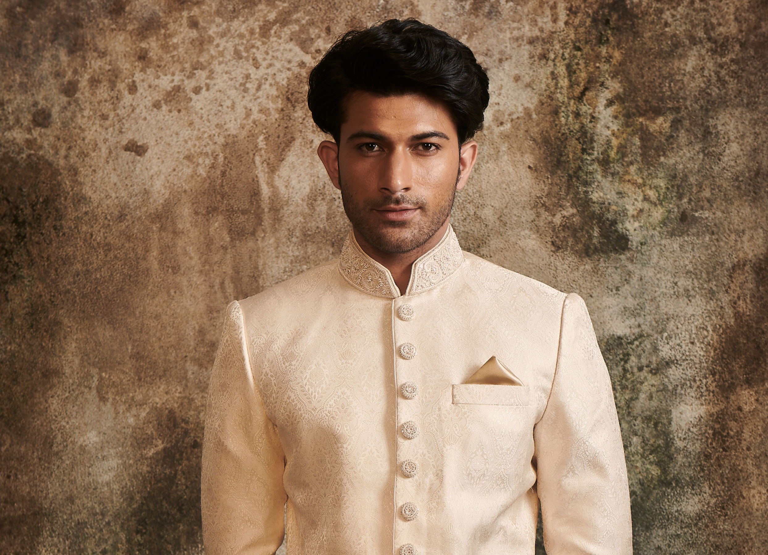 Twamev Men Delicate Peach Brocade Sherwani
