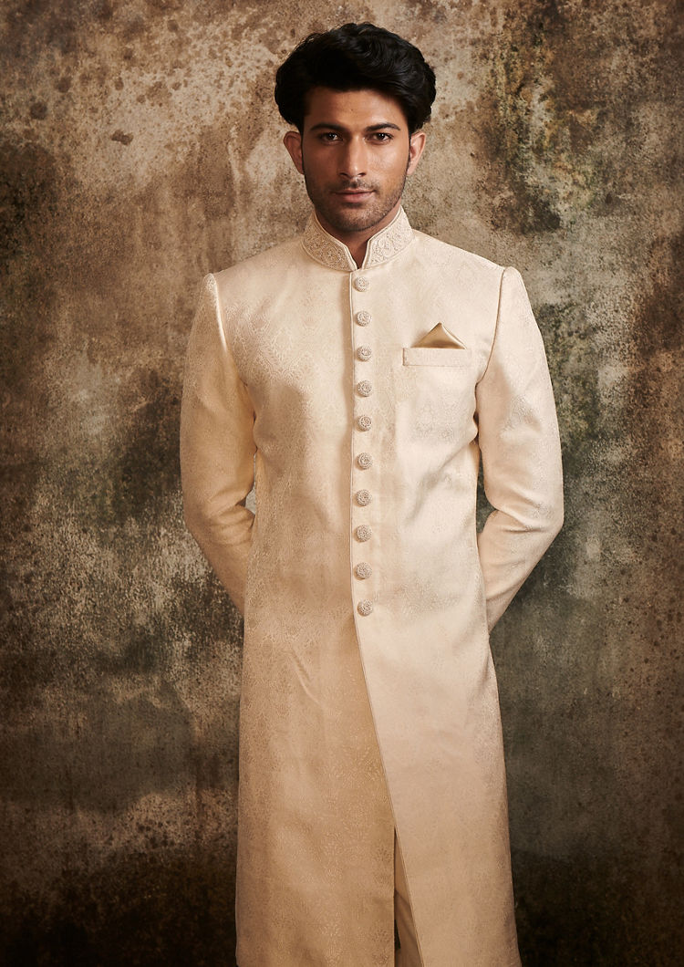 Twamev Men Delicate Peach Brocade Sherwani image number 0