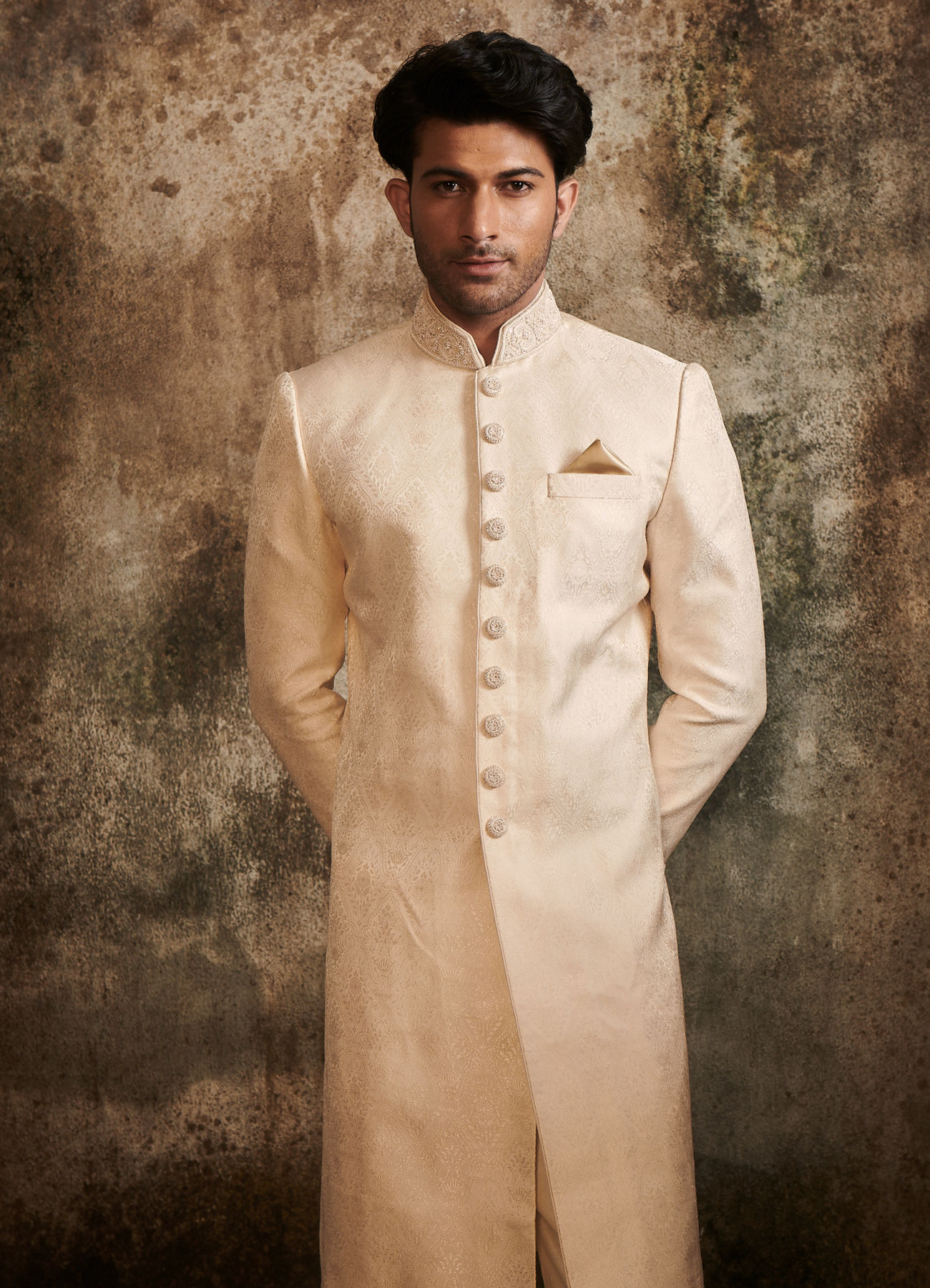 Twamev Men Delicate Peach Brocade Sherwani