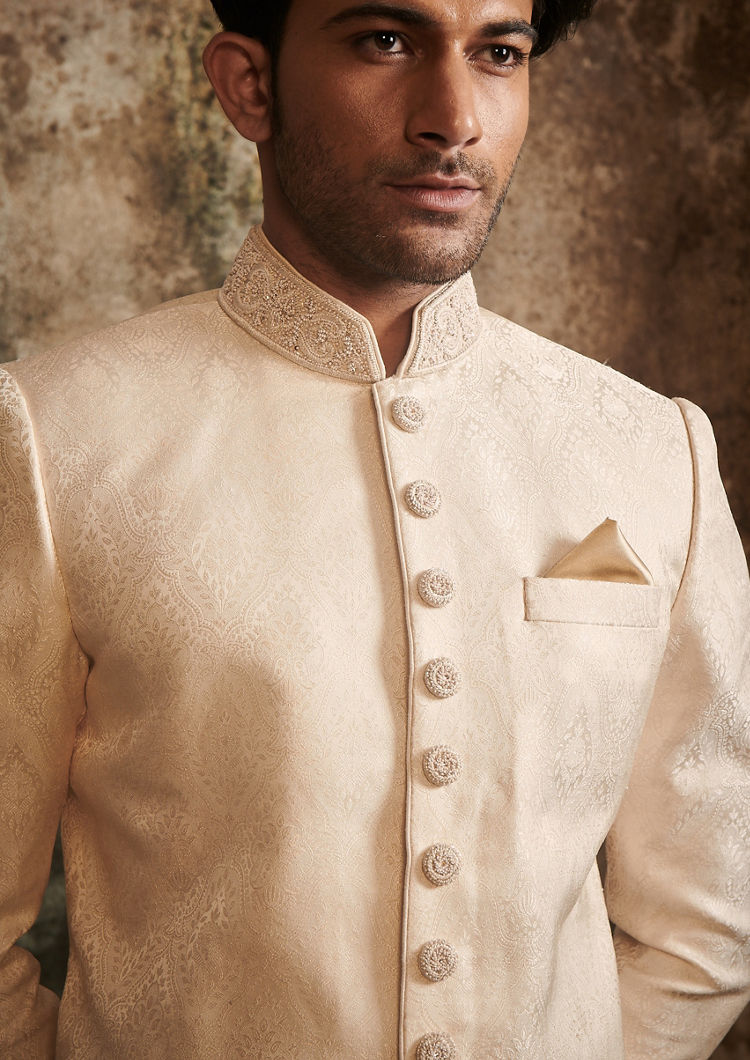 Twamev Men Delicate Peach Brocade Sherwani image number 1