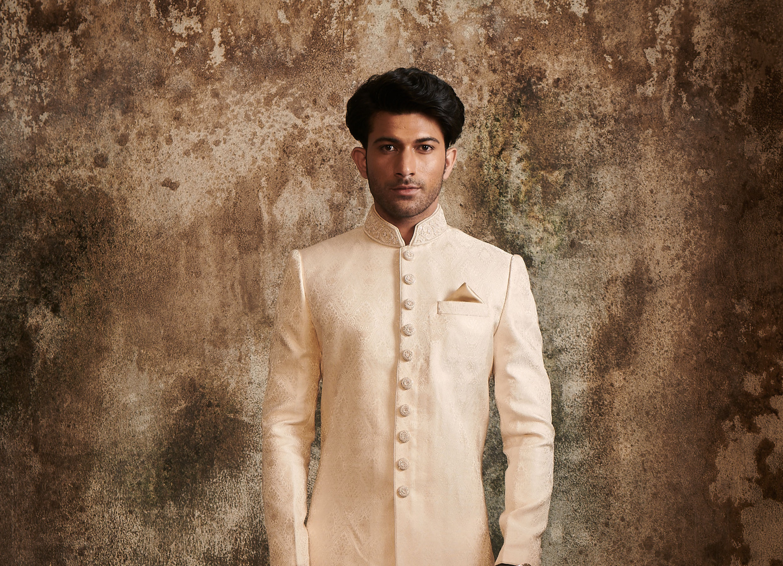 Twamev Men Delicate Peach Brocade Sherwani