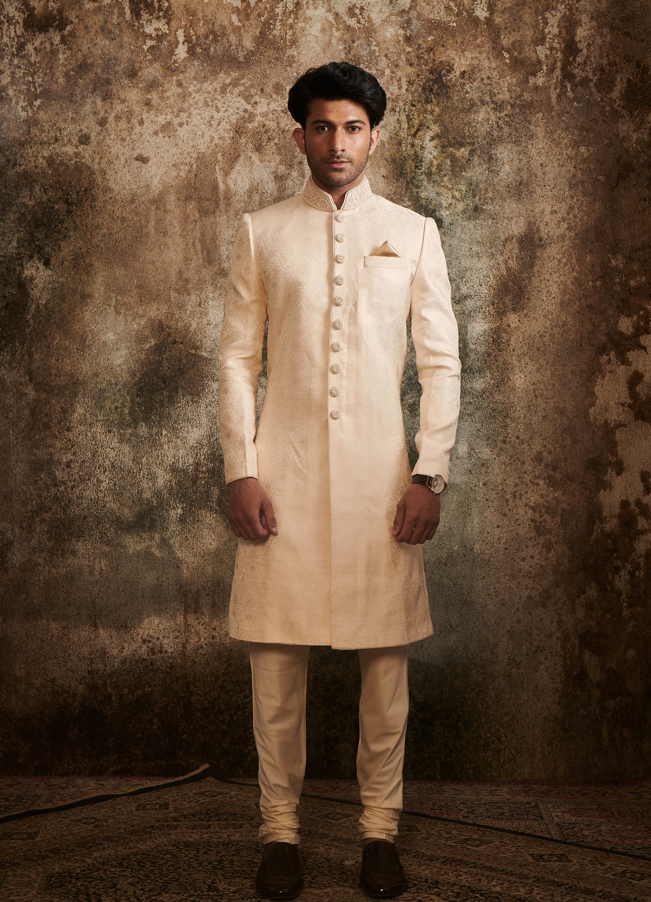 Twamev Men Delicate Peach Brocade Sherwani