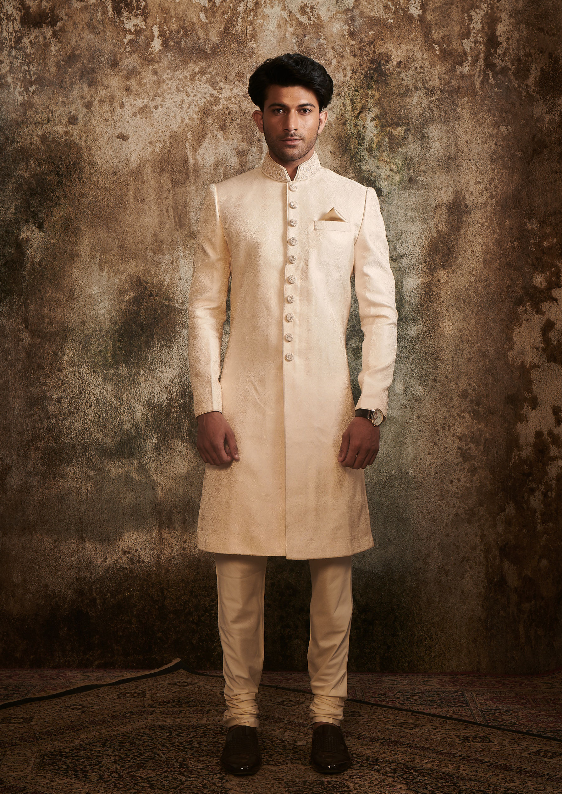 Twamev Men Delicate Peach Brocade Sherwani image number 2