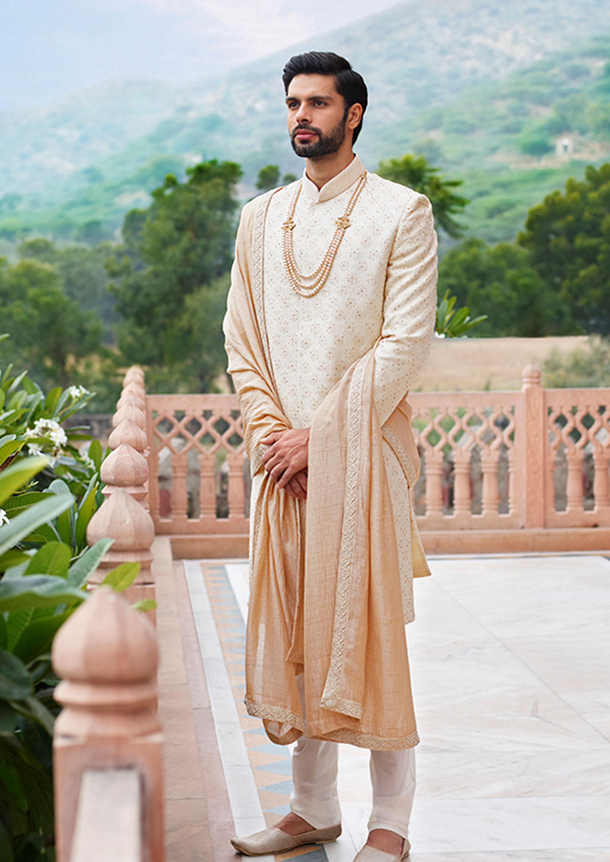 Twamev Men Stone Embellished Cream Sherwani
