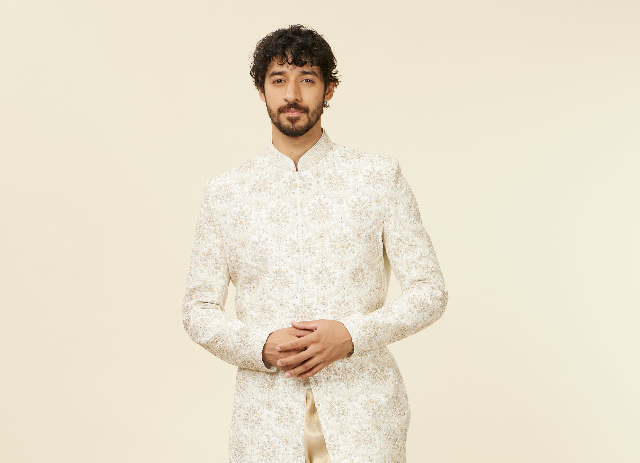 Twamev Men Warm White Floral Patterned Sherwani Set