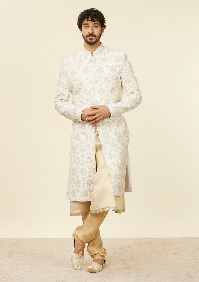 Twamev Men Warm White Floral Patterned Sherwani Set
