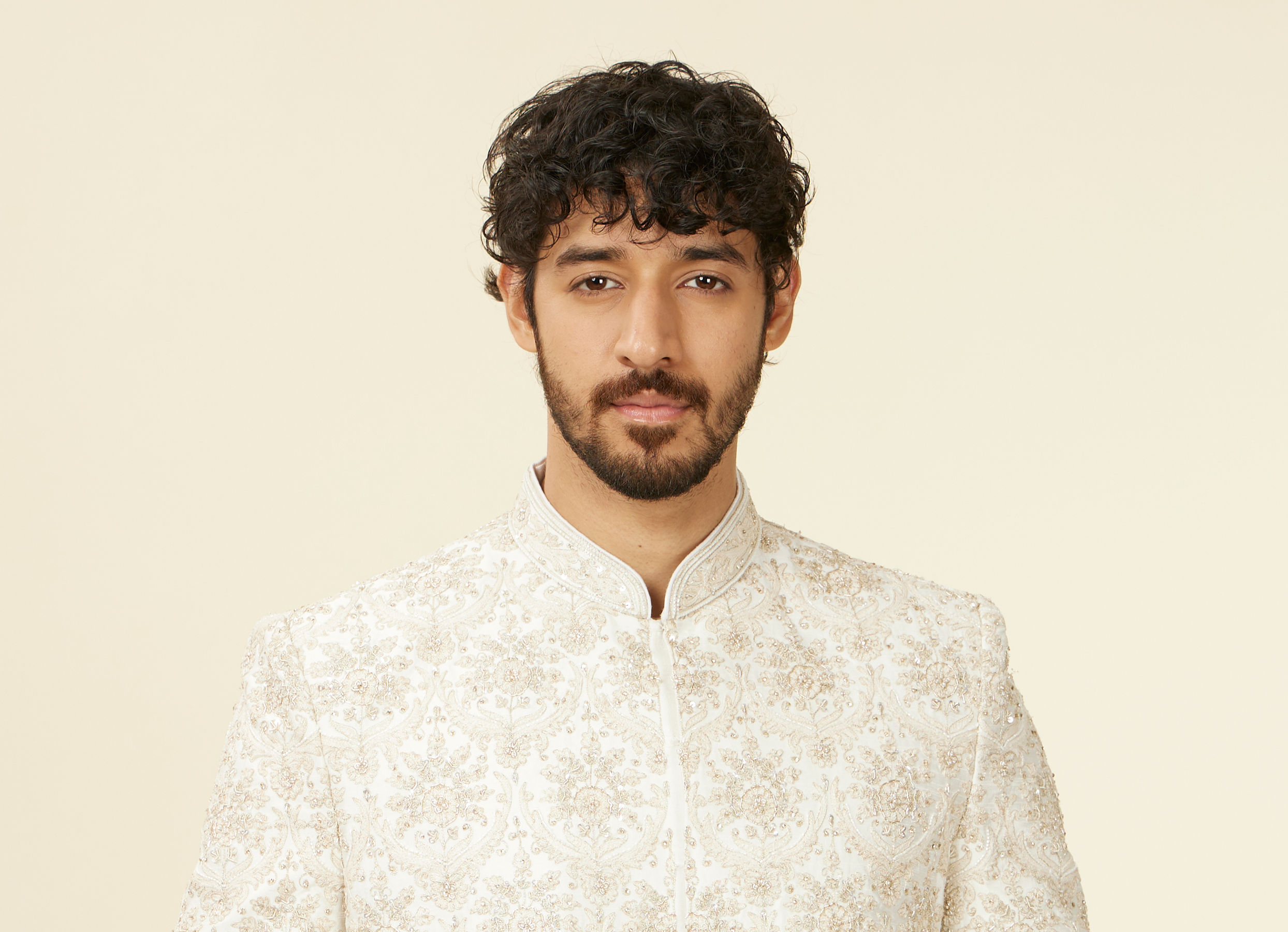Twamev Men Warm White Floral Patterned Sherwani Set