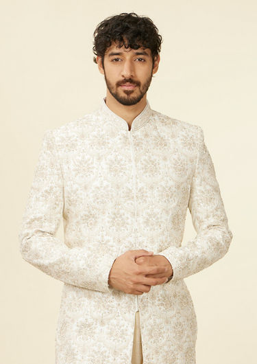 alt message - Twamev Men Warm White Floral Patterned Sherwani Set image number 0