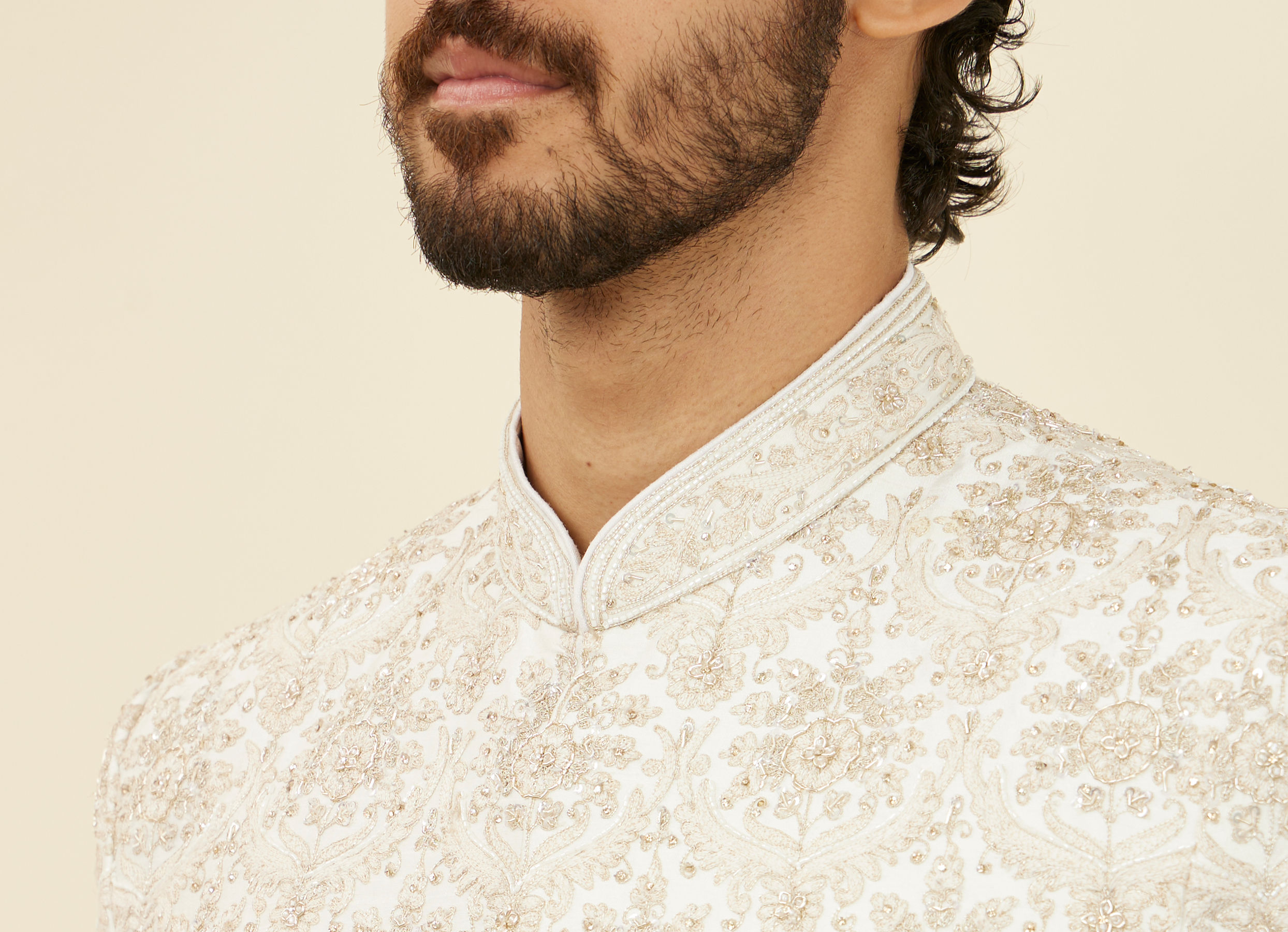 Twamev Men Warm White Floral Patterned Sherwani Set