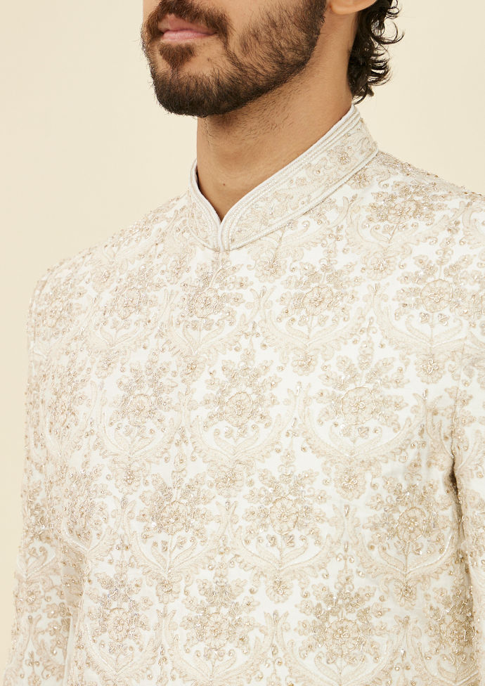 alt message - Twamev Men Warm White Floral Patterned Sherwani Set image number 1