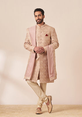 alt message - Twamev Men Lilac All Over Work Sherwani with Dupatta image number 1