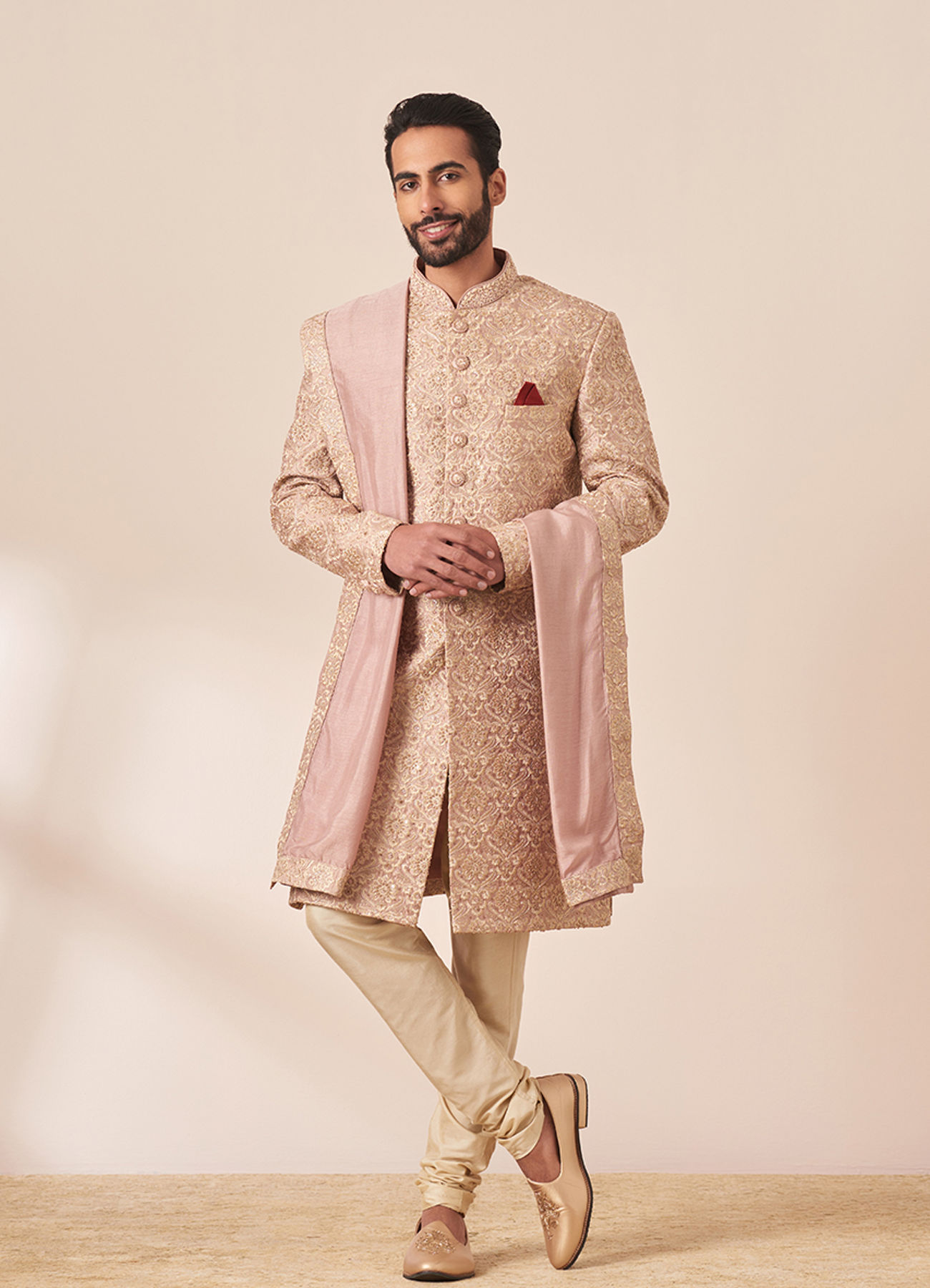 Twamev Men Lilac Silk Zardosi Jaal Embroidered Sherwani