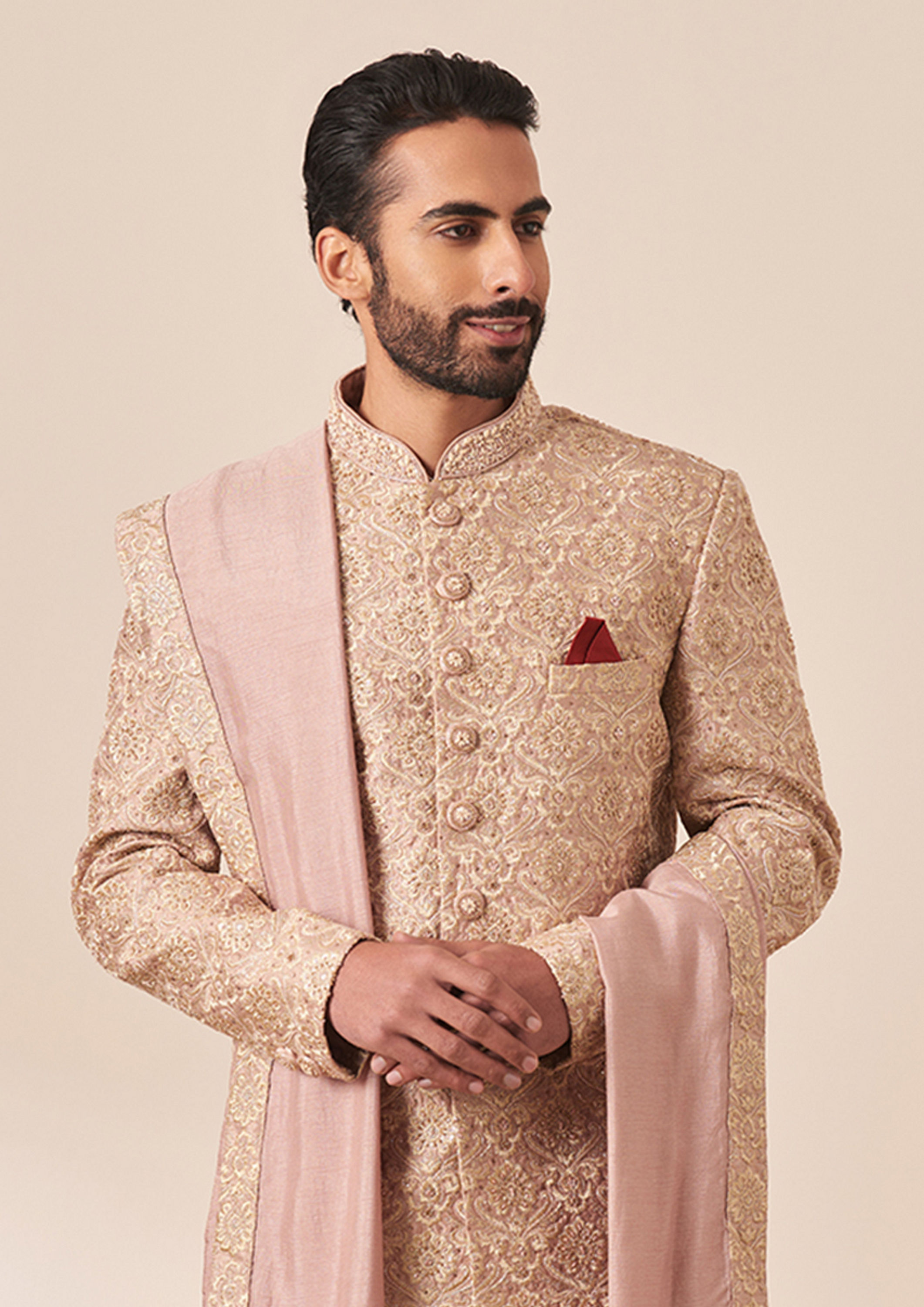 alt message - Twamev Men Lilac All Over Work Sherwani with Dupatta image number 0