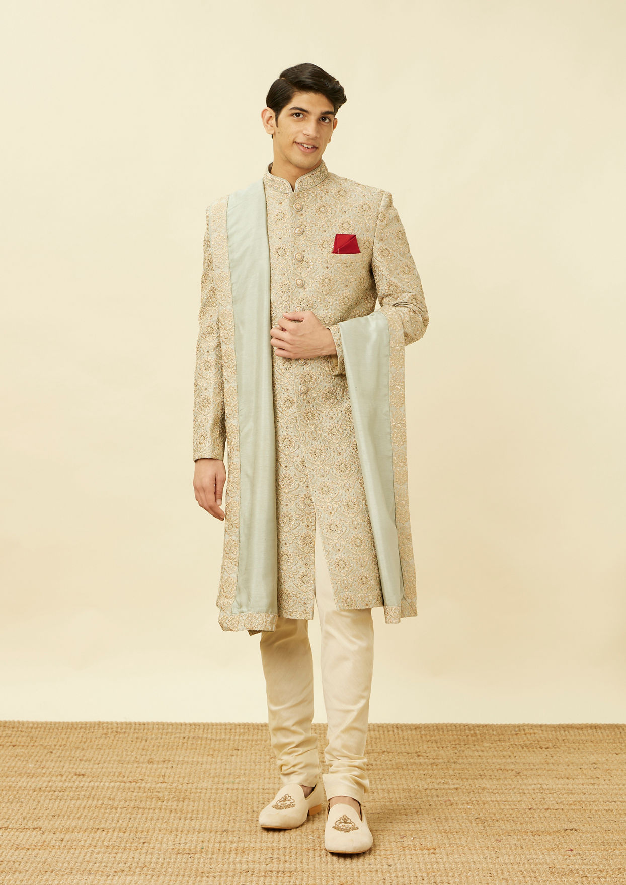 alt message - Twamev Men Pista Green Suave Sherwani image number 2