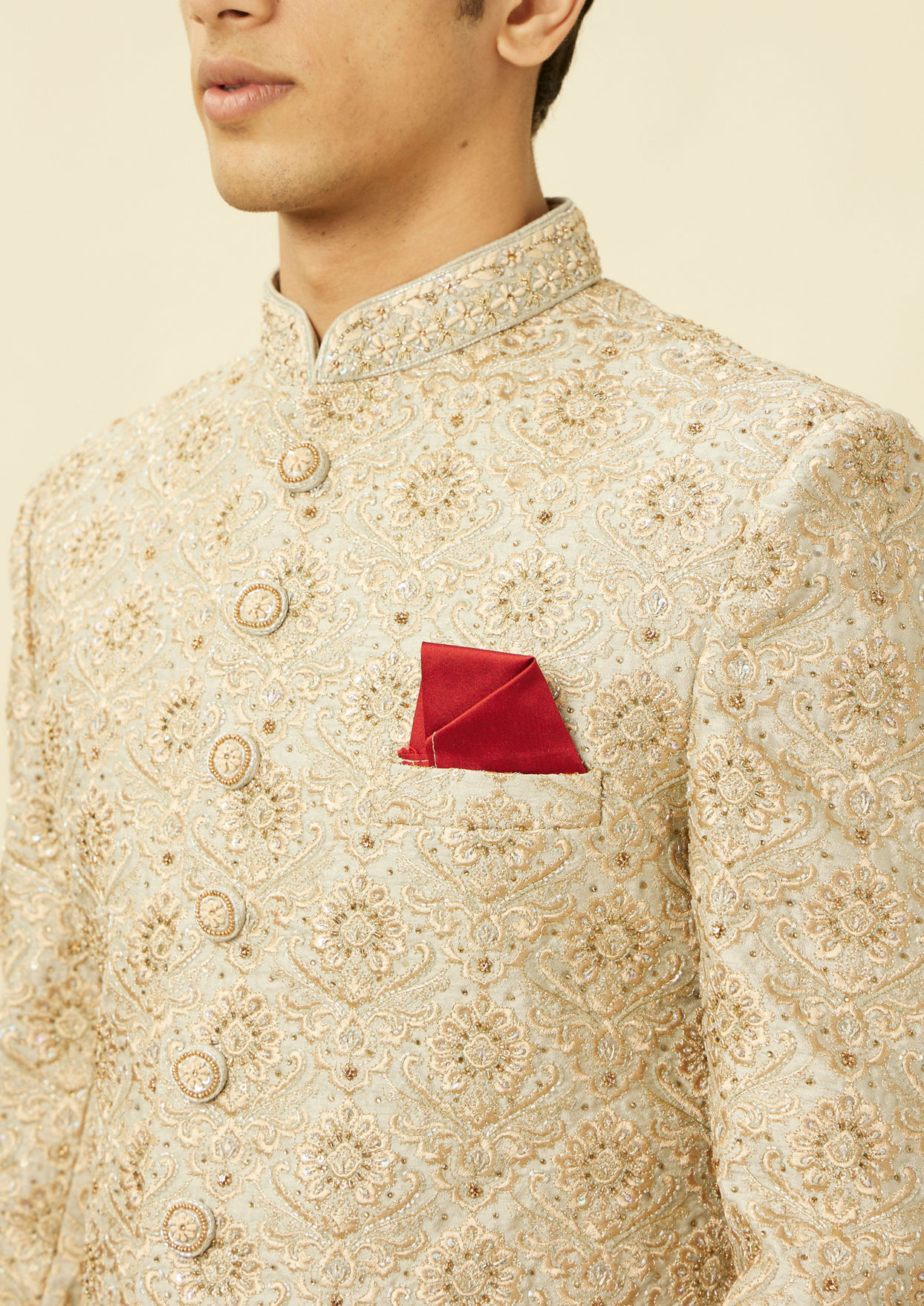 alt message - Twamev Men Pista Green Suave Sherwani image number 1