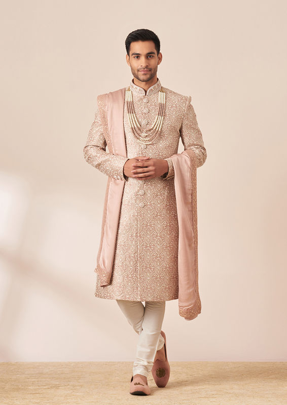 Twamev Men Faded Pink Embroidered Sherwani with Dupatta