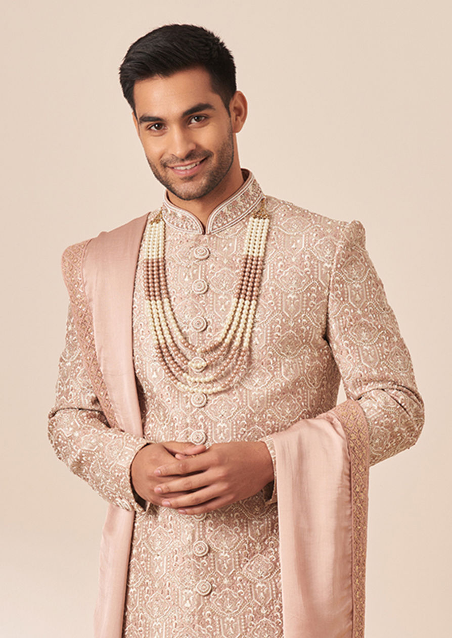 alt message - Twamev Men Faded Pink Embroidered Sherwani with Dupatta image number 0