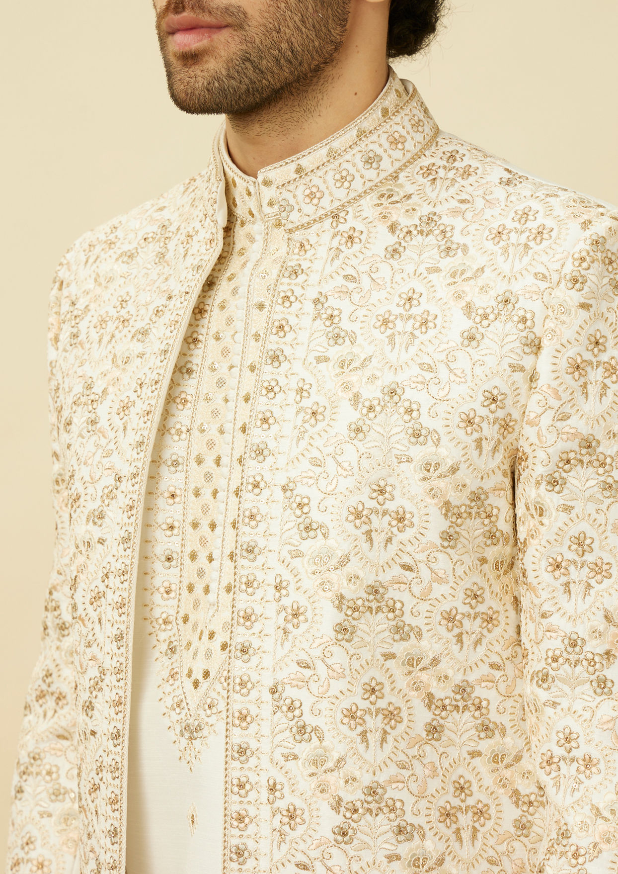 alt message - Twamev Men Off White Embroidered Jacket Style Sherwani Set image number 1