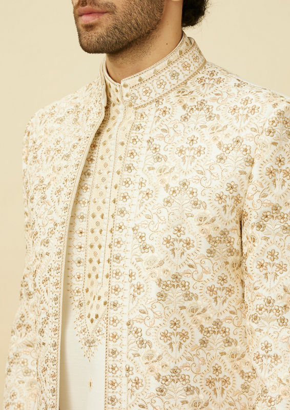 Twamev Men Off White Embroidered Jacket Style Sherwani Set