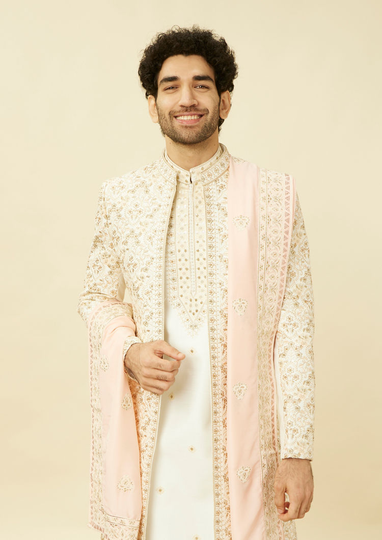 Twamev Men Off White Embroidered Jacket Style Sherwani Set