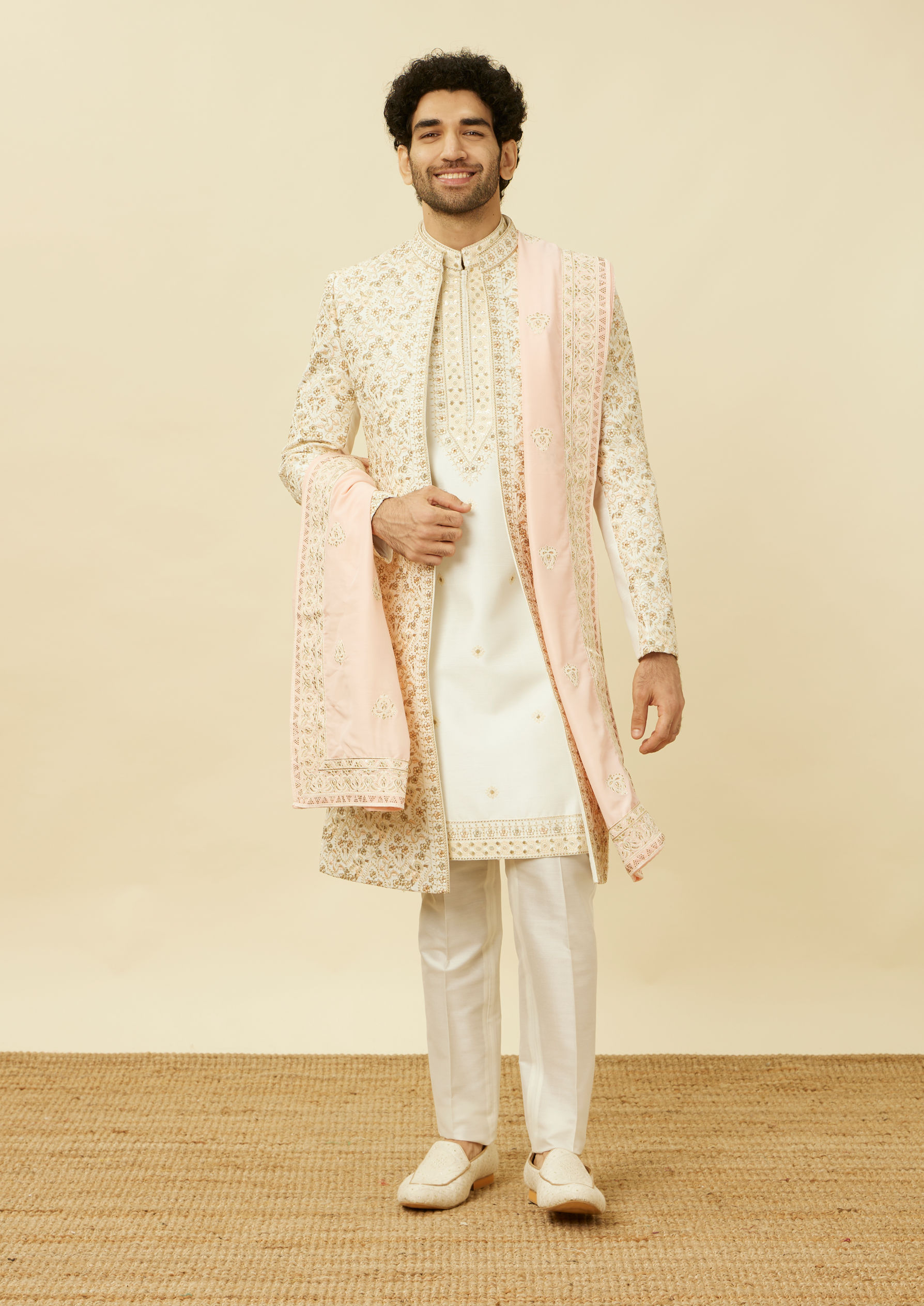 Twamev Men Off White Embroidered Jacket Style Sherwani Set