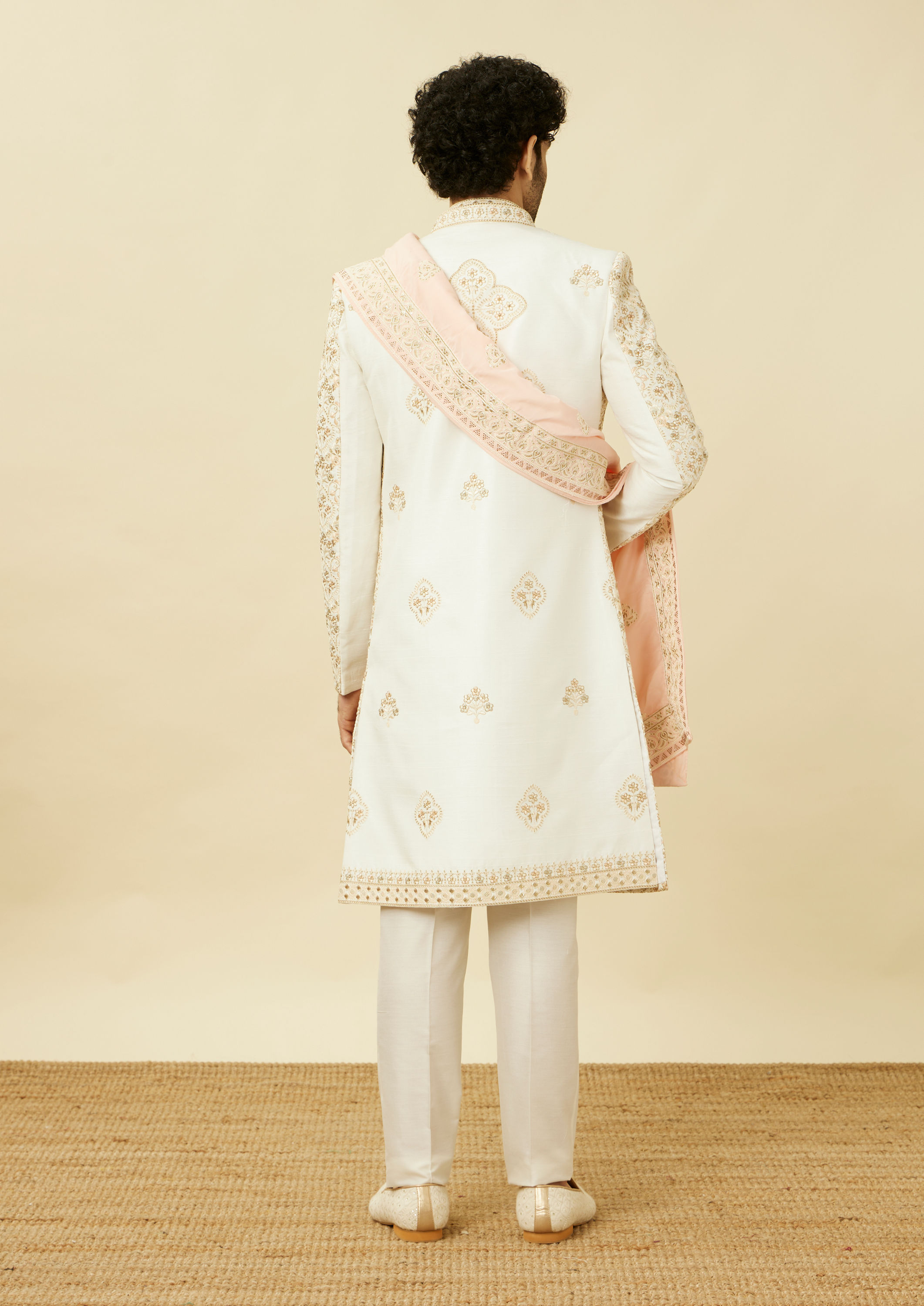 Twamev Men Off White Embroidered Jacket Style Sherwani Set