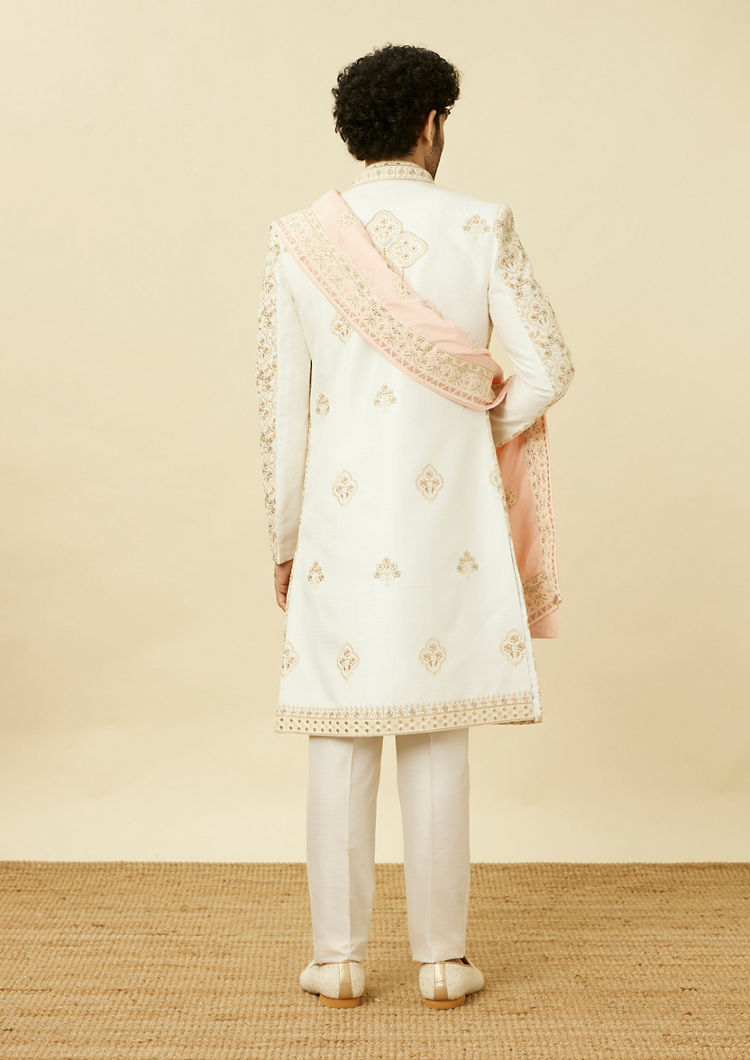 Twamev Men Off White Embroidered Jacket Style Sherwani Set