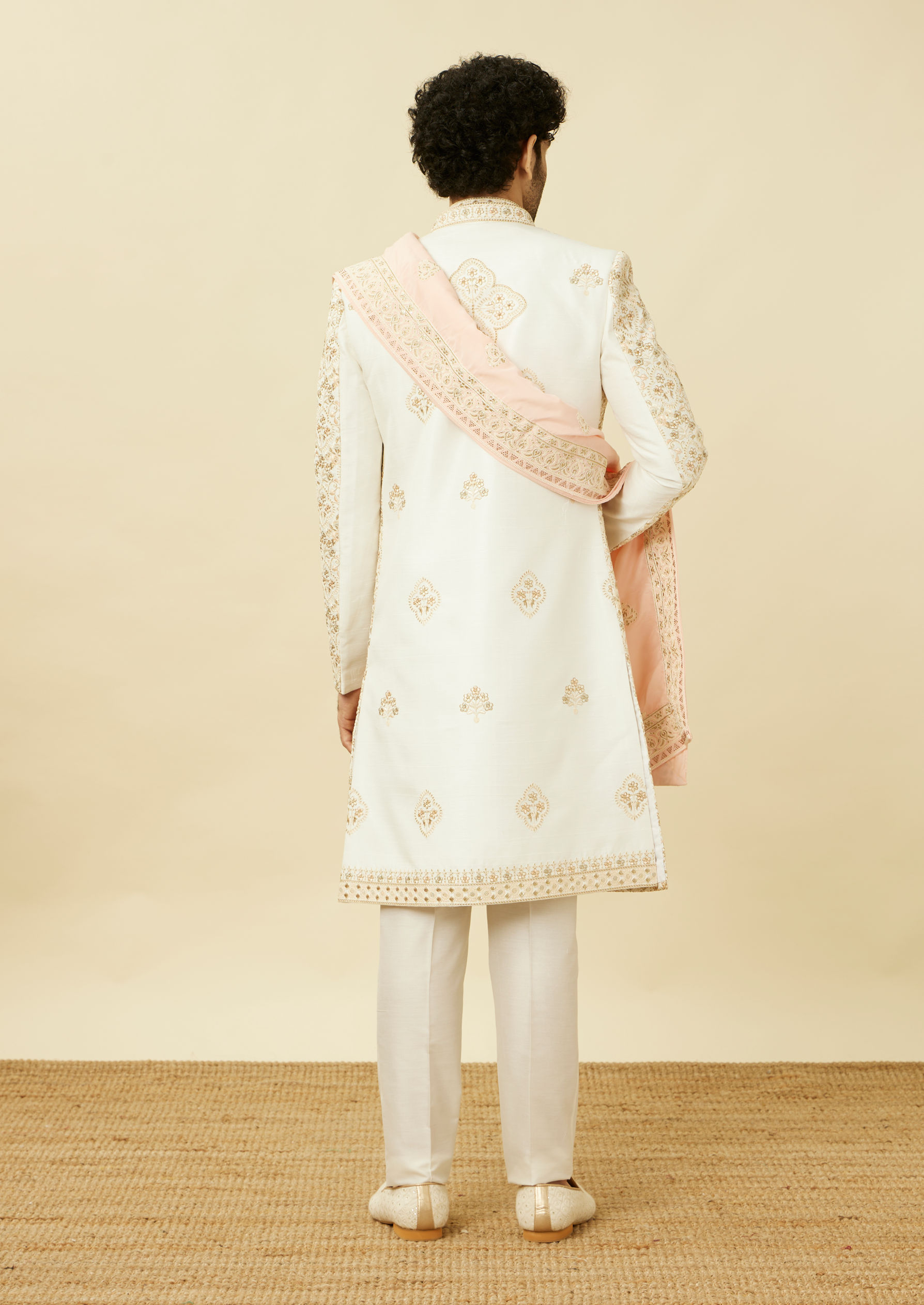 Twamev Men Off White Embroidered Jacket Style Sherwani Set
