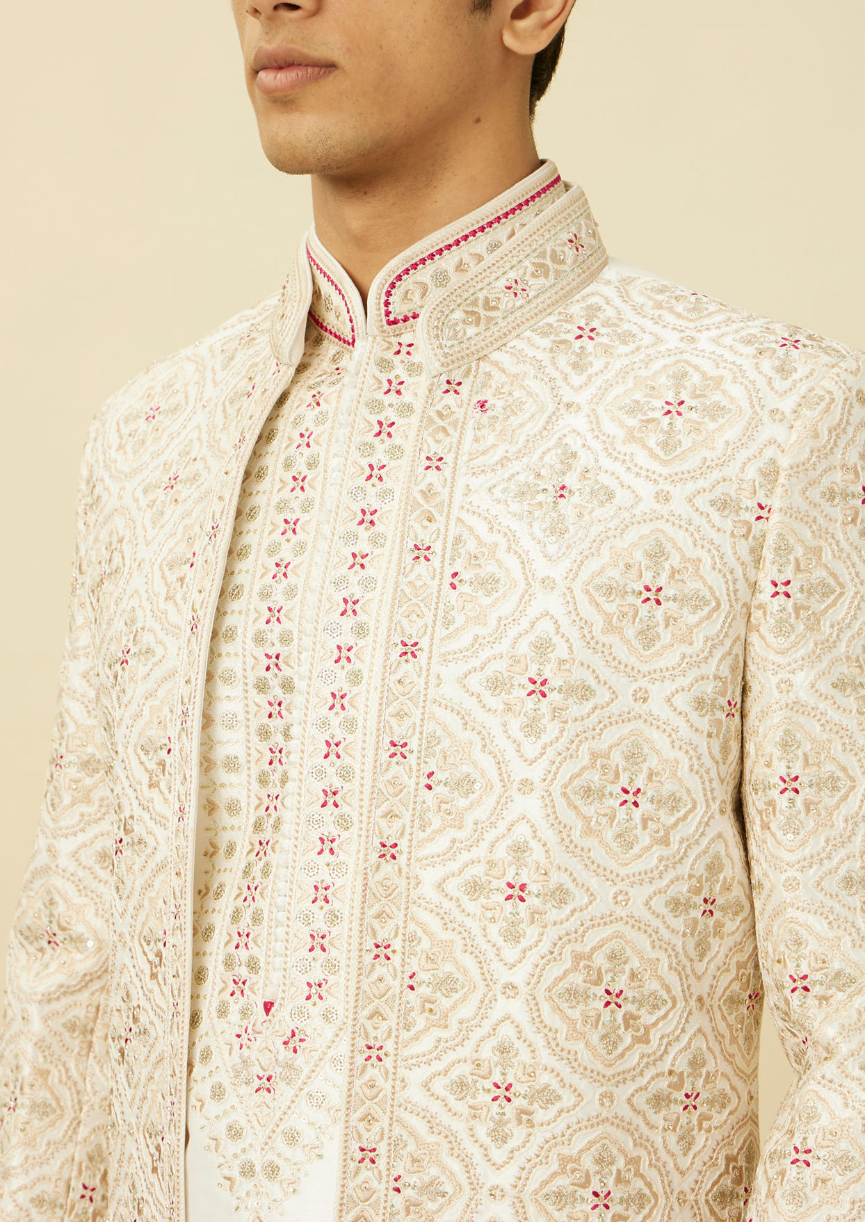 alt message - Twamev Men Cream Embroidered Jacket Style Sherwani Set image number 1