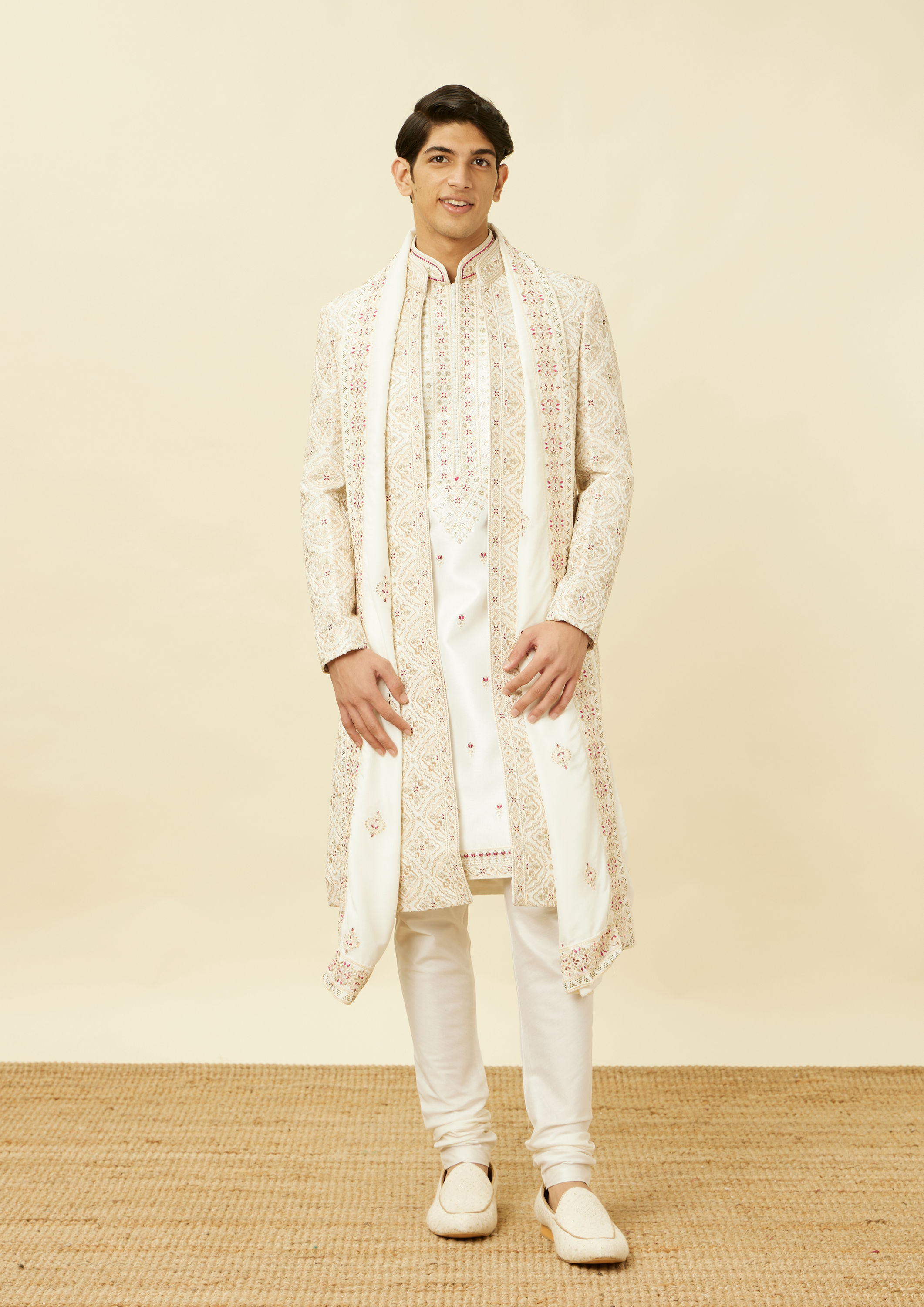 Twamev Men Cream Embroidered Jacket Style Sherwani Set image number 3