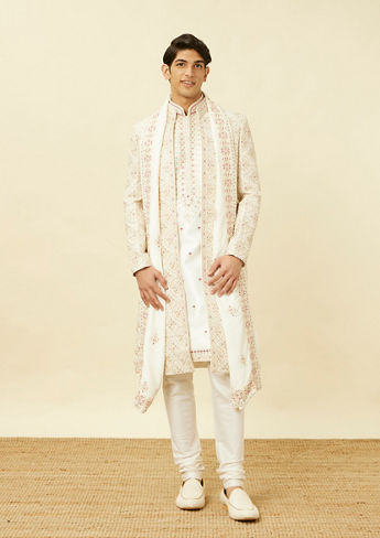 alt message - Twamev Men Cream Embroidered Jacket Style Sherwani Set image number 3