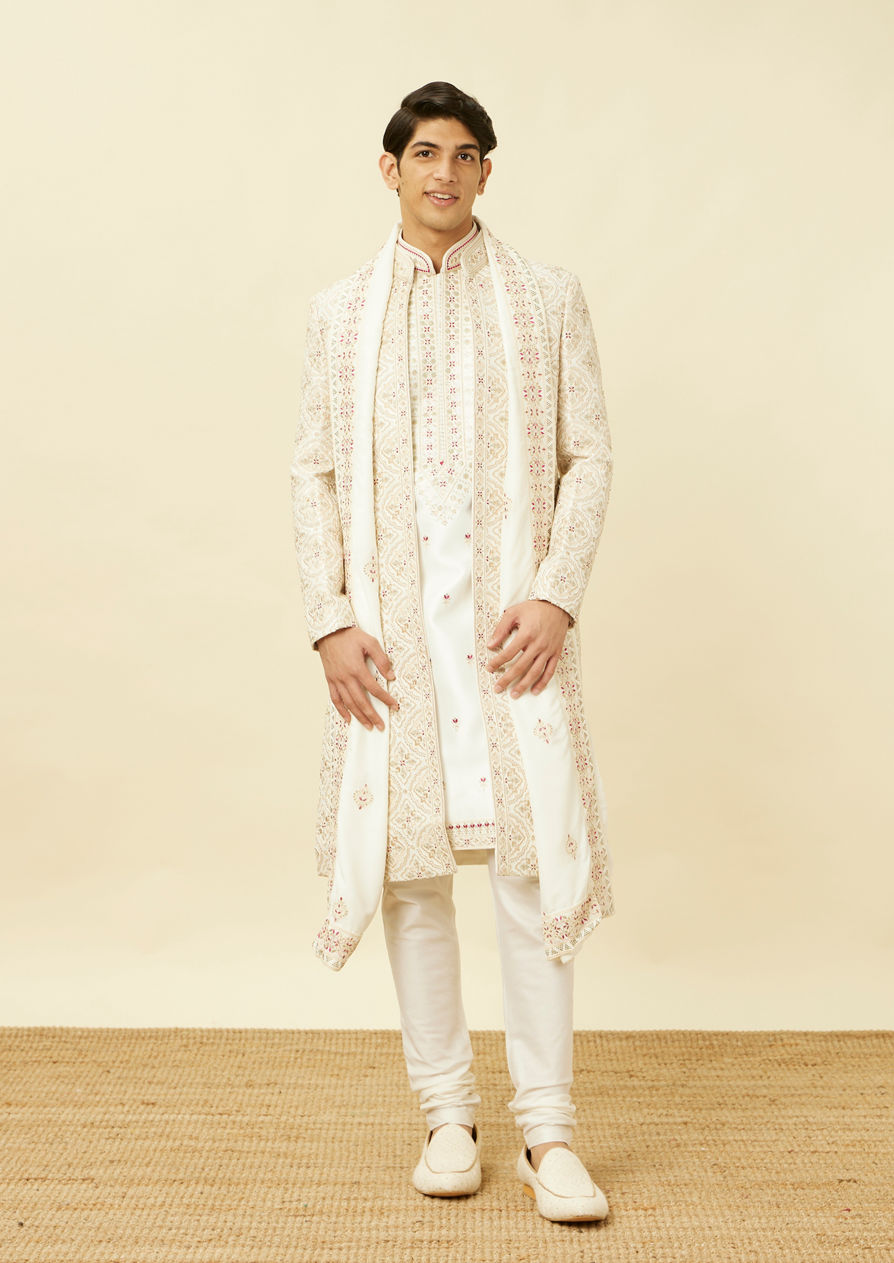 alt message - Twamev Men Cream Embroidered Jacket Style Sherwani Set image number 3