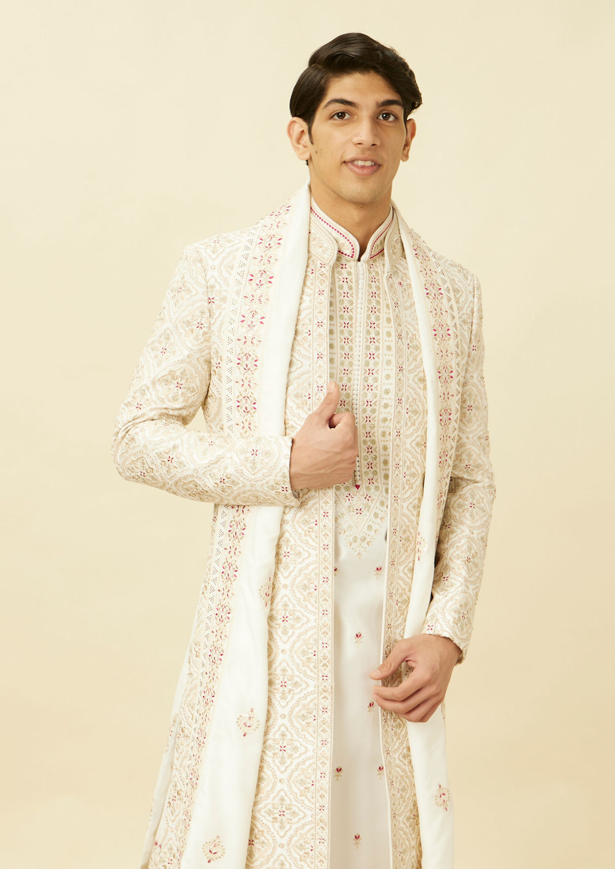 alt message - Twamev Men Cream Embroidered Jacket Style Sherwani Set image number 0