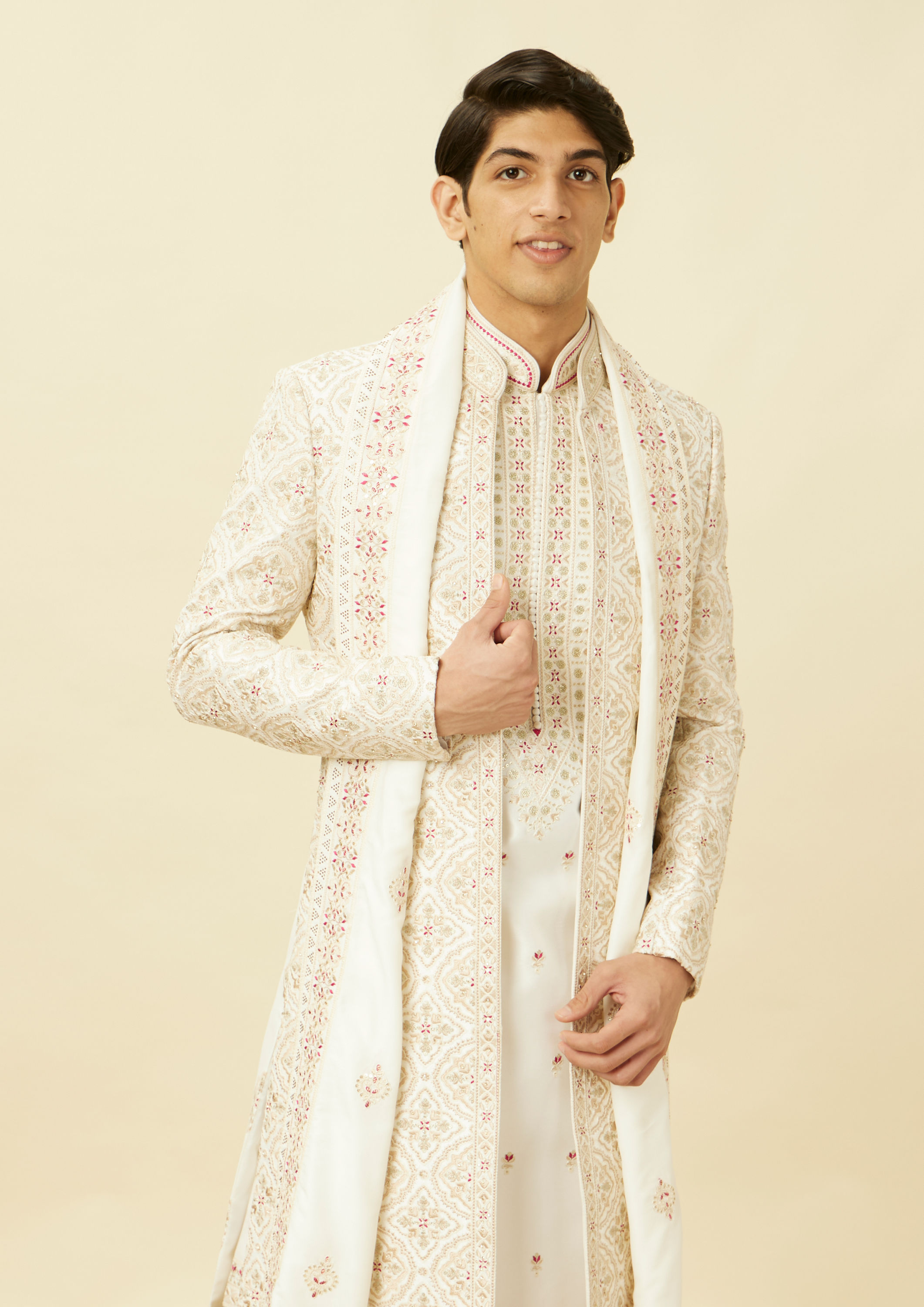 Twamev Men Cream Embroidered Jacket Style Sherwani Set