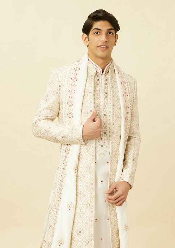 Twamev Men Cream Embroidered Jacket Style Sherwani Set