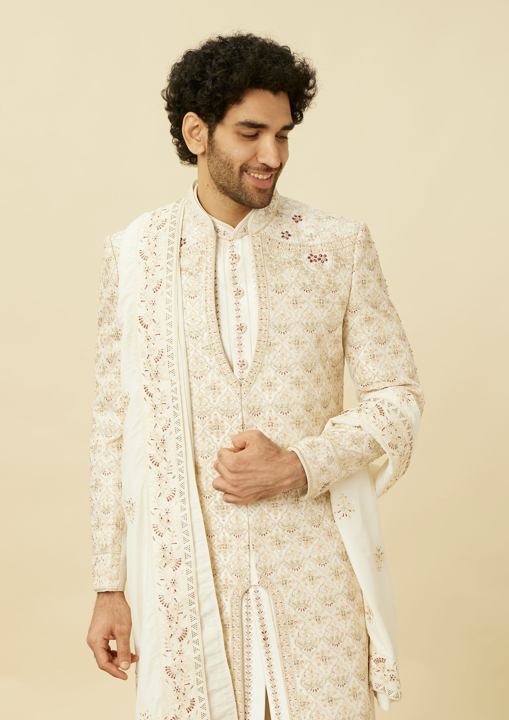 alt message - Twamev Men Luxe White Sherwani image number 0