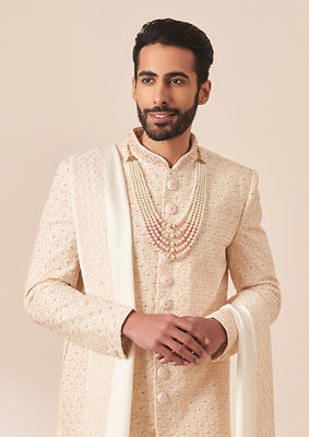 alt message - Twamev Men Light Pink Heavy Embroidered Sherwani with Dupatta image number 0