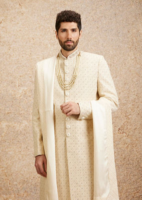 alt message - Twamev Men Shell Cream Embroidered Sherwani Set image number 0