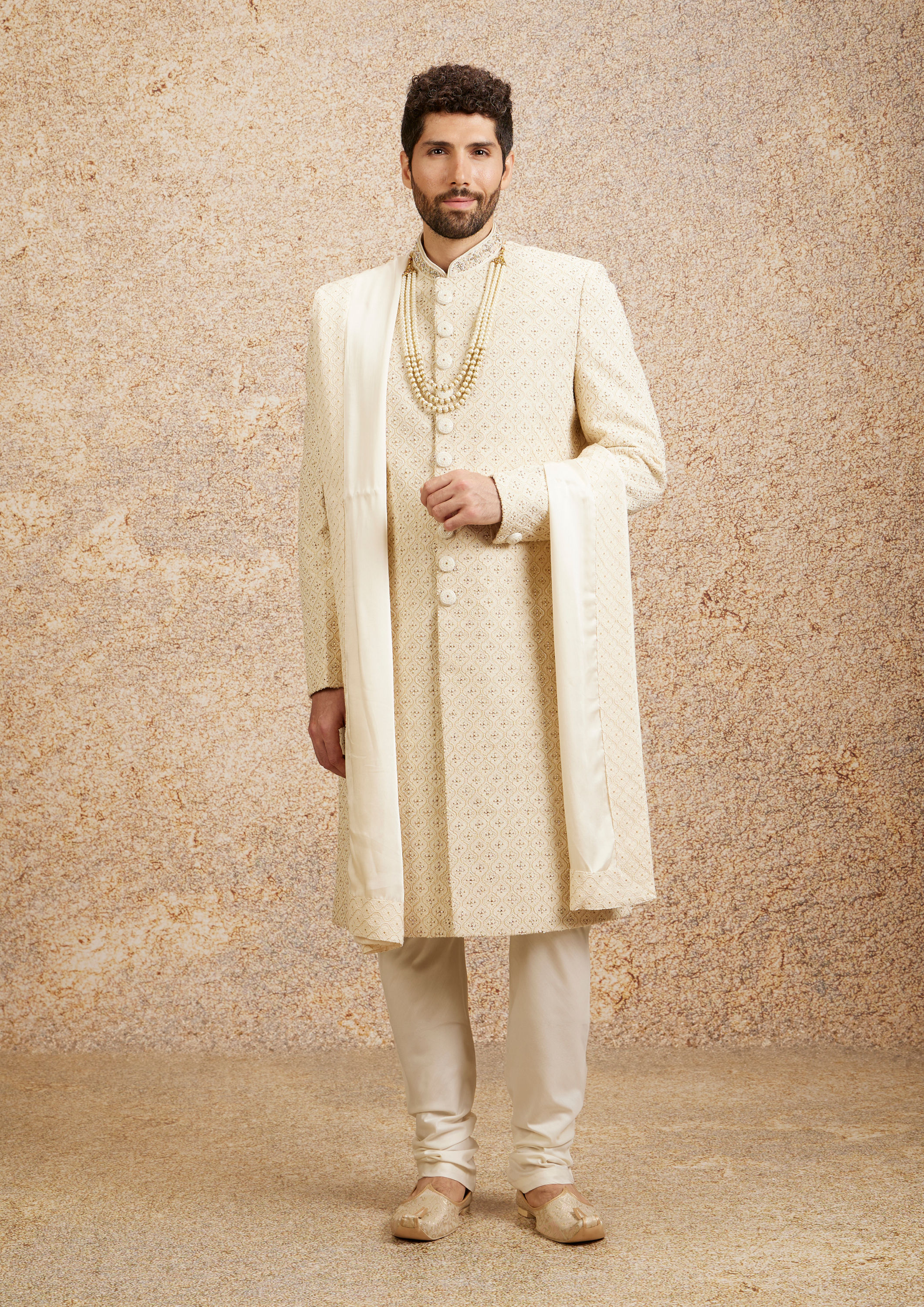 Twamev Men Shell Cream Embroidered Sherwani Set